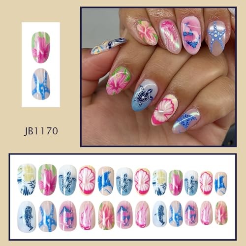 Short Almond Press on Nails – Beach Ocean Theme – Starfish Style – 10 Nails