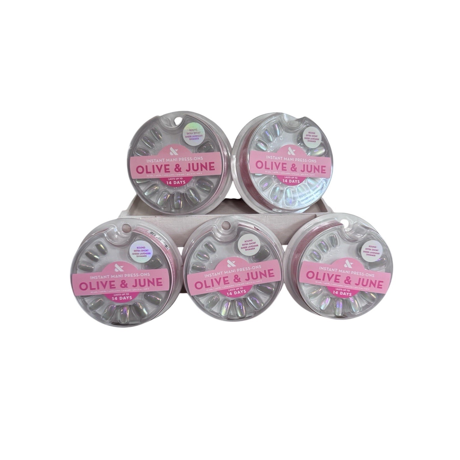 5 PACK Olive & June Press-On Fake Nails, XS Round, Sheer Lavender Shimmer, 42ct
