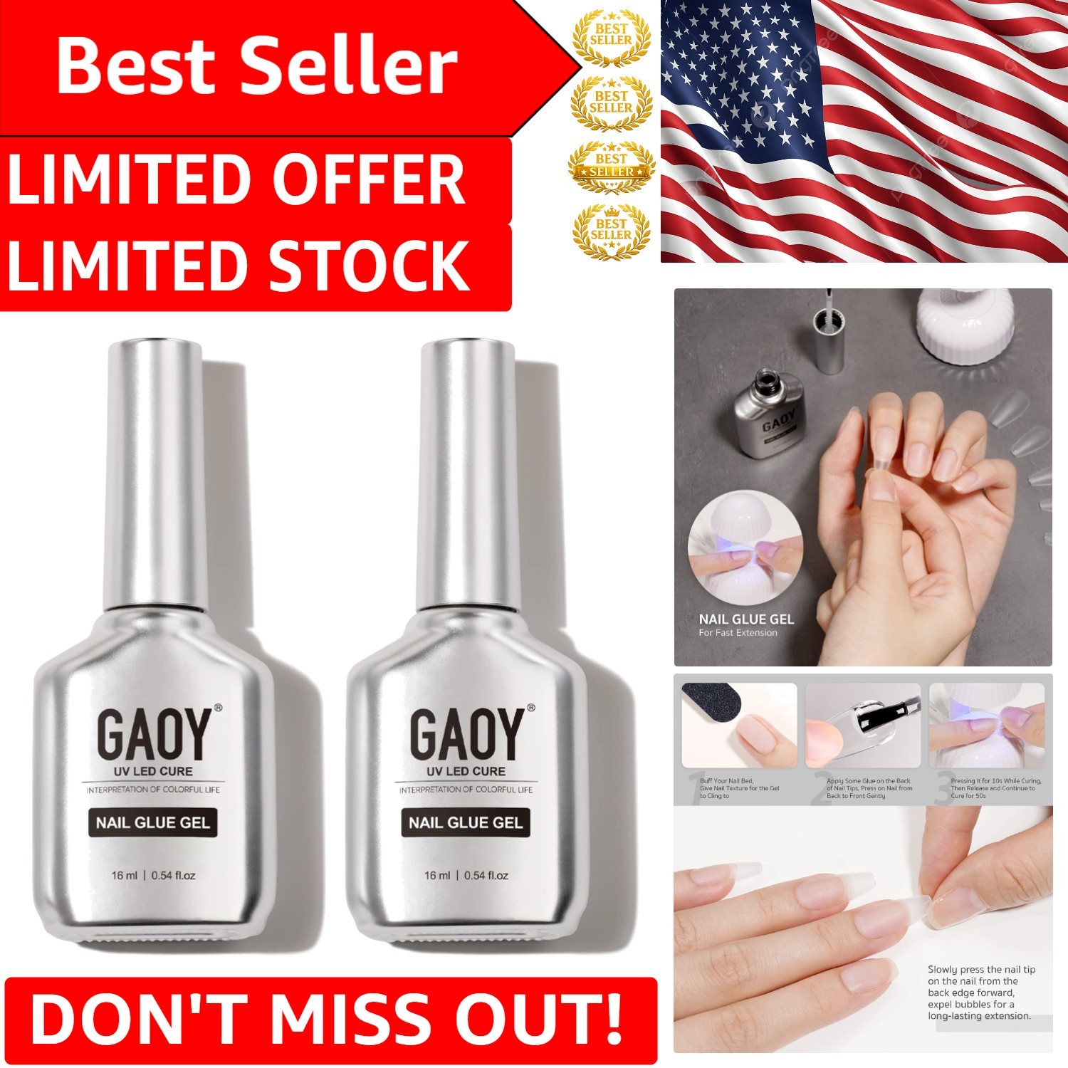 Water-Resistant 2Pcs Gel Nail Glue for Acrylic Tips – Safe & Toxic-Free Formula
