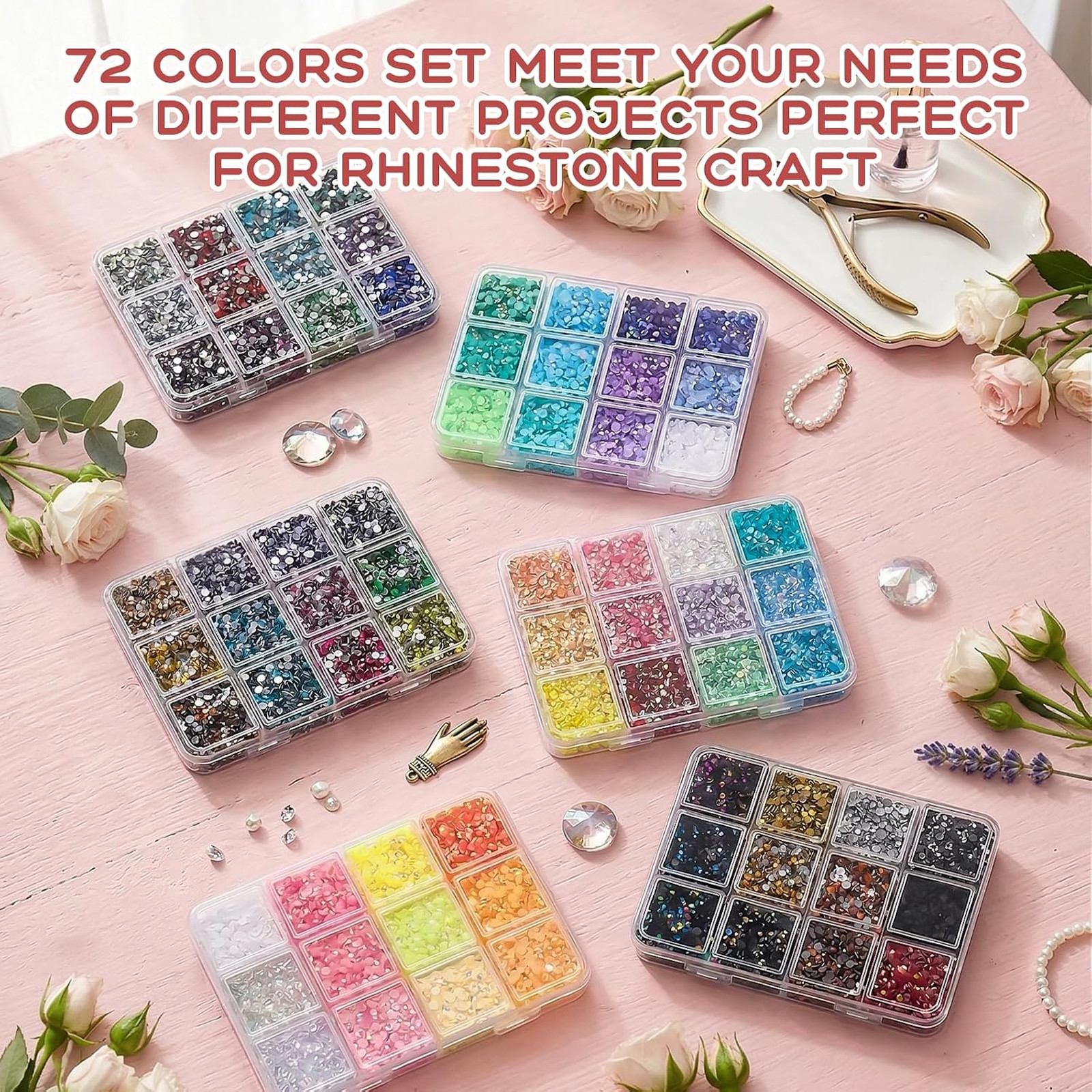 Resin Rhinestones Kit 72 Colors Flatback Gems for Nail Art Jewelry Crafts