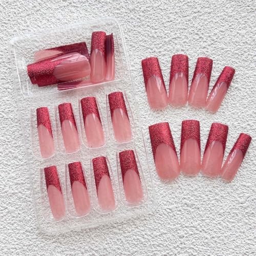 Long Press On Nails Square Fake 24 Fl Oz (Pack of 1) Red Glitter FrenchL39