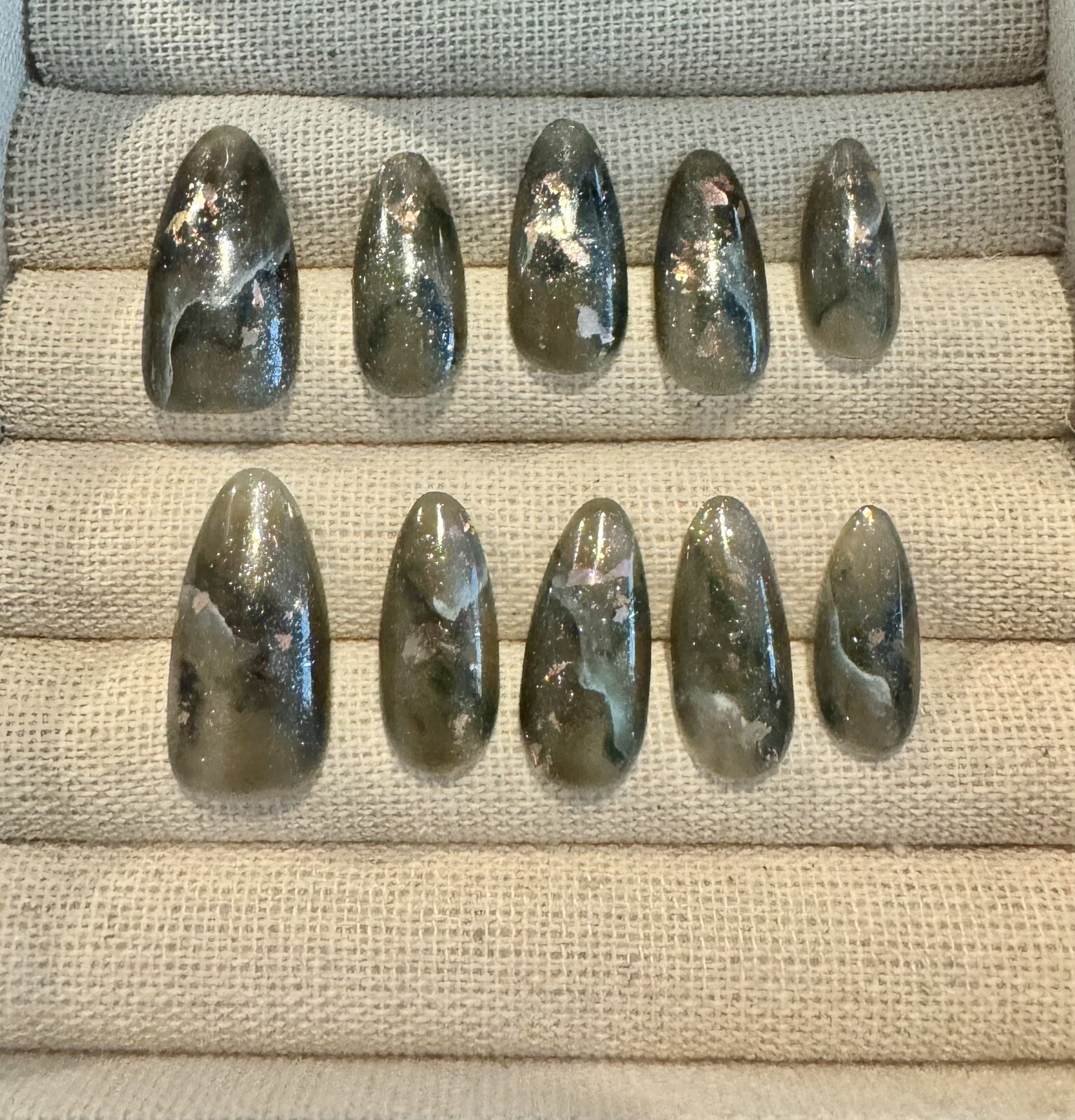 Salon Quality Gel press on nails Shining Black Grey smudge 24mm Hand Made Size S