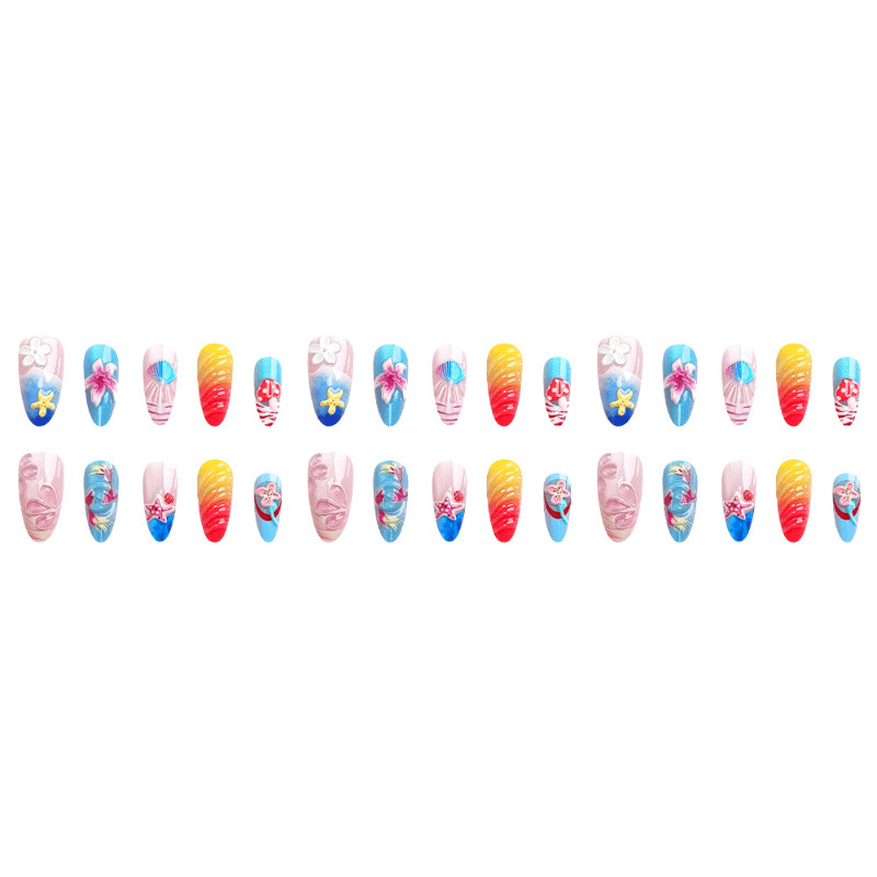 48P Short Almond Press on Nails, Ocean Shell Starfish 3D Summer Fake Nails