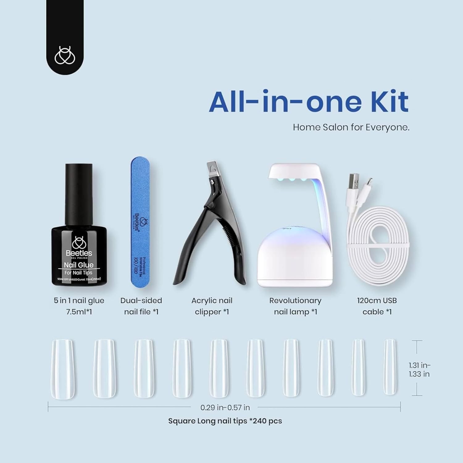 Beetles Gel Nail Kit Extension Set, 240 PCS Long Square with Glue & UV Lamp