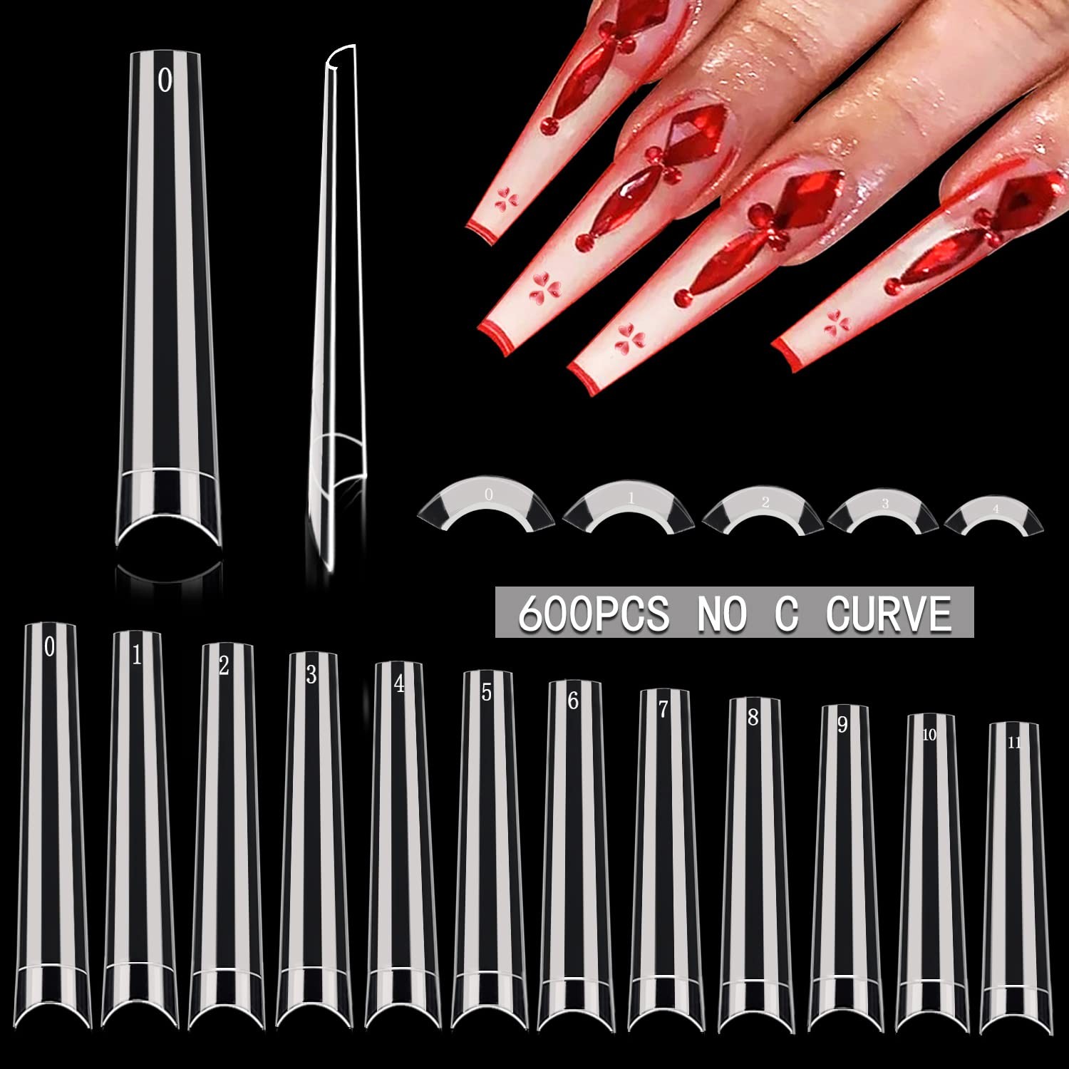 Coffin Nail Tips 600PCS XXXL No C Curve Clear Half Cover Flat Extra Long 12