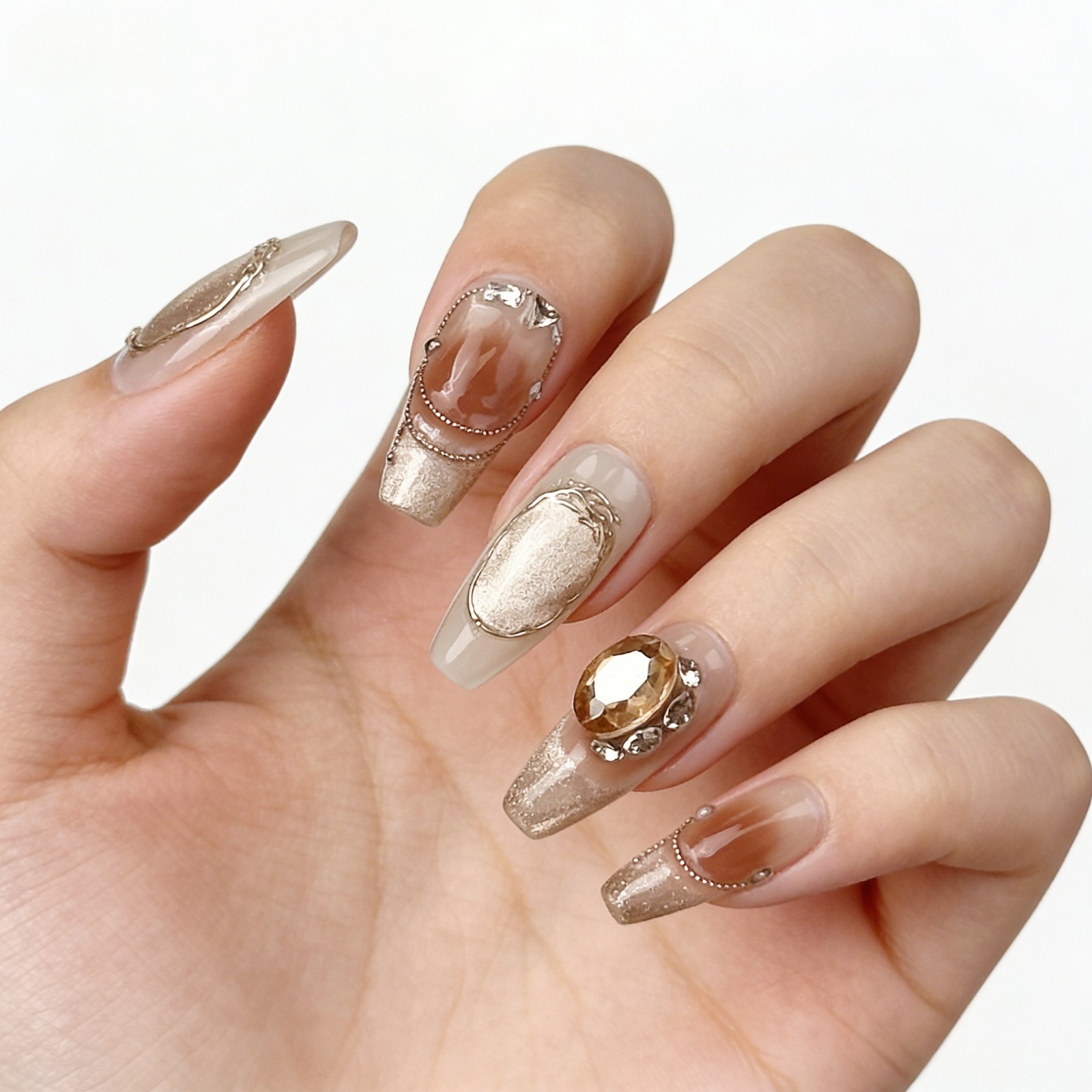 Marble Brown Cat Eye Amber Press On Nails, 3D Gold Luxury Handmade Nail Set