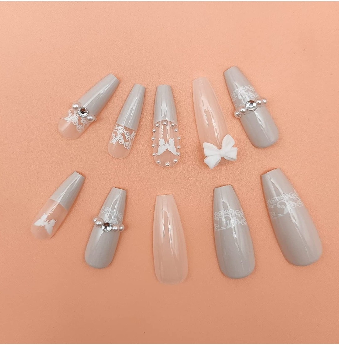 24 Ombre Nude Glitter pale gold Press On Nails w/ Glue champagne square long