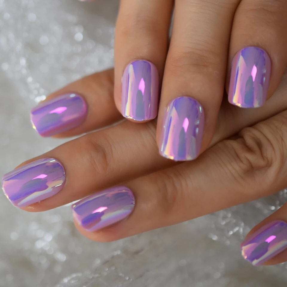 24 Short Press on Nails kit w glue Pink Purple Holographic chrome chameleon