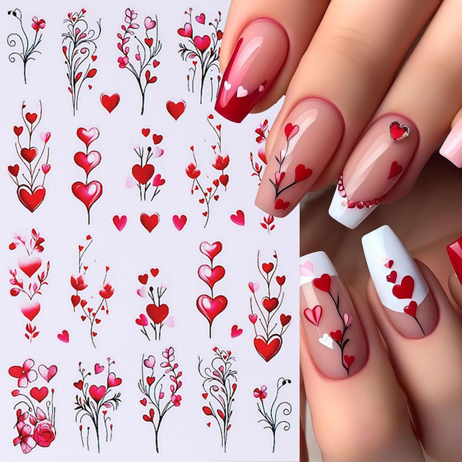 6 Pcs Valentines Day Nail Art Stickers Decals 3D Self-Adhesive Red Rose Love Flo