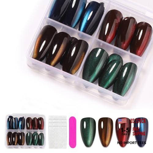 4Packs 96Pcs Almond Fake Nails – Glossy Medium Style – 9 Cat Eye Presses