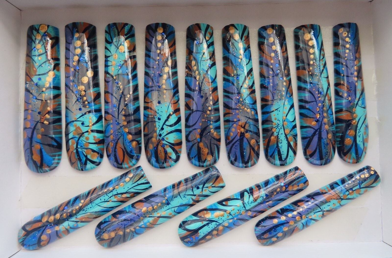 XXL Clear Purple Aqua Brown Blue Bronze Metallic Abstract Square Press On Nails