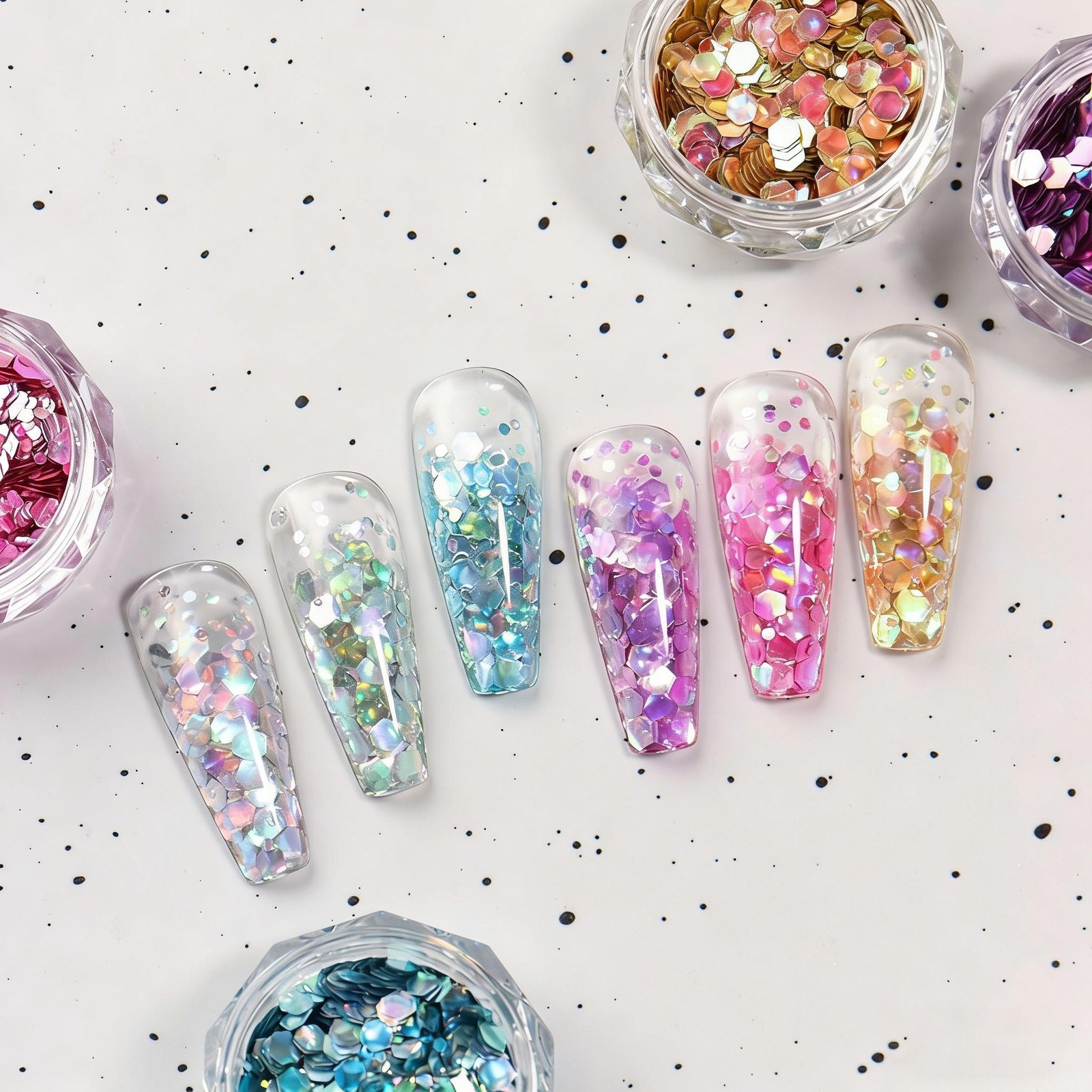6-Color Hexagon Nail Sequins, Holographic Iridescent Glitter Flakes DIY Set
