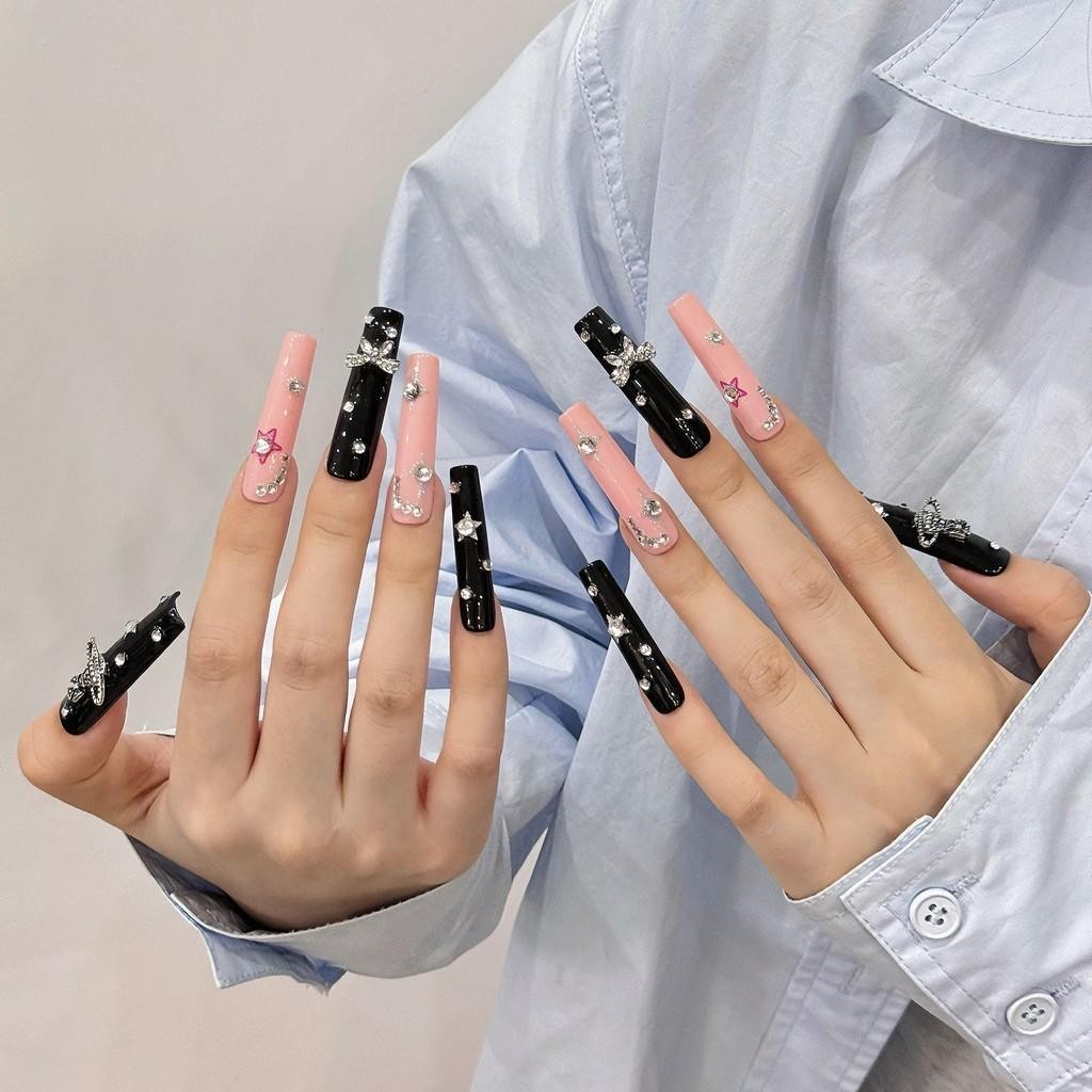 Handmade Press On Nail Black Pink 3D Silver Planet Diamond Star Luxury Fake Nail