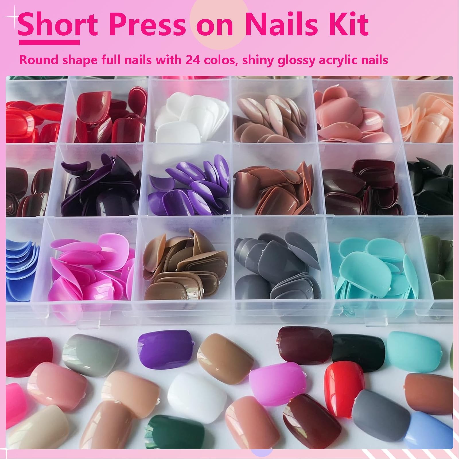 576pcs Short Press on Nails 24 Color Glossy Fake Nails Full Cover Solid Color…