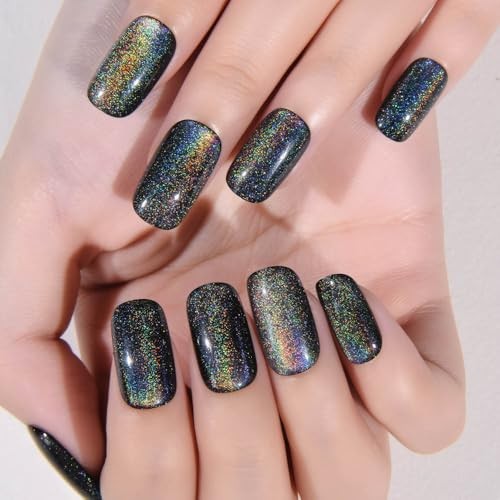 evpct Black Chrome Metallic Cat Eye Press On Nails, Reusable Stick On Nails for