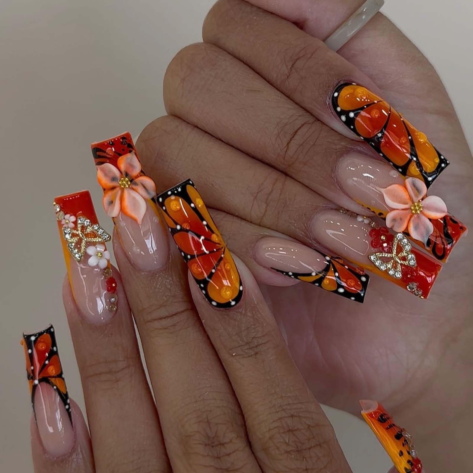 24Pcs Flower French Tip Press on Nails Long Square 3D Floral Butterfly Fake N…