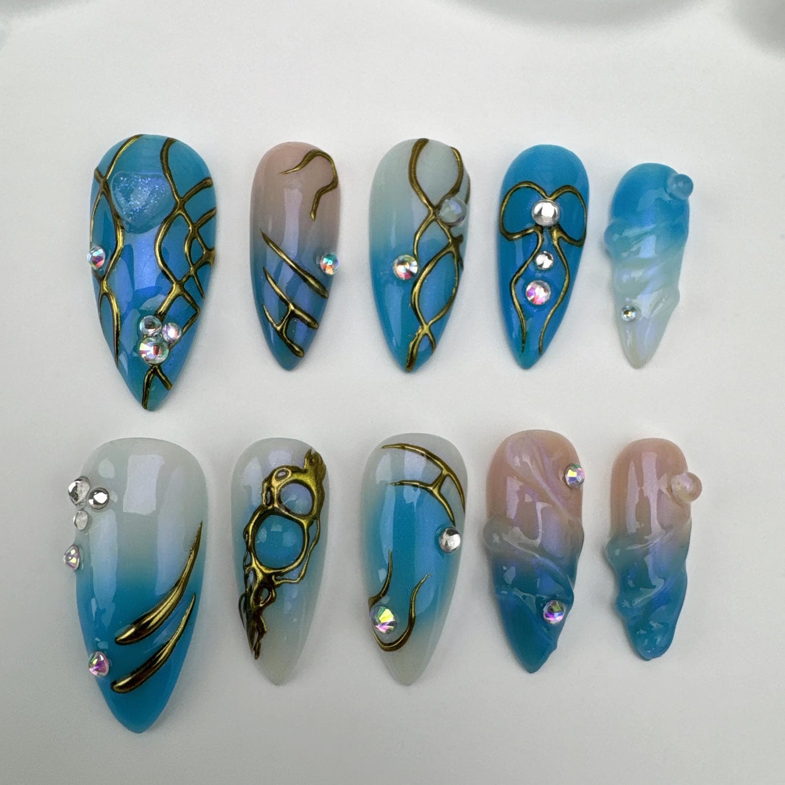 Handmade Blue Gradient Gold Line 3D Wave Rhinestone Long Stiletto Press on Nails