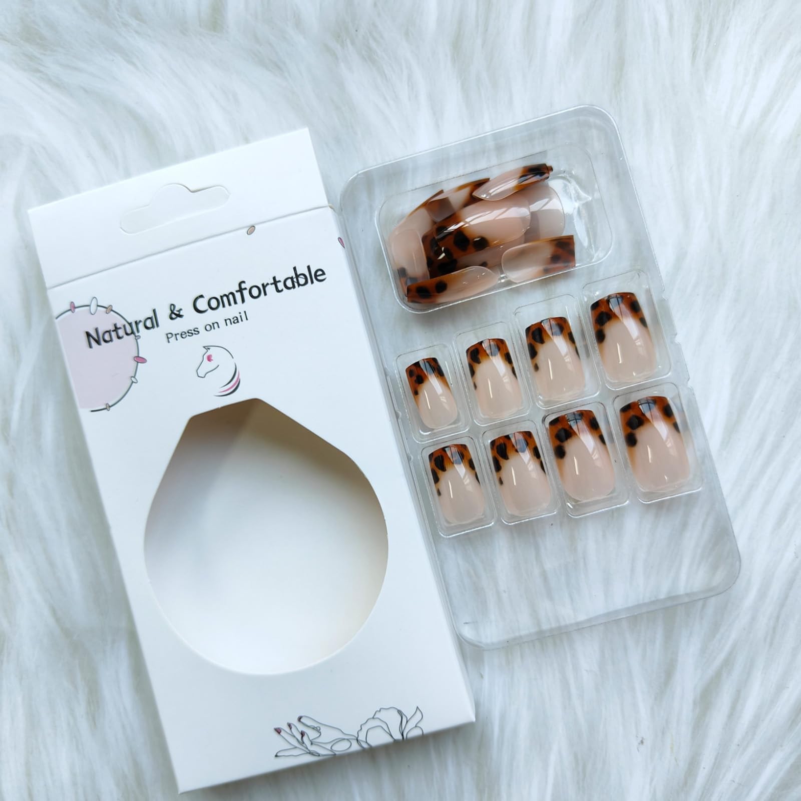 French Tip Press on Nails Medium Square Fake Nails with Leopard Print Designs…