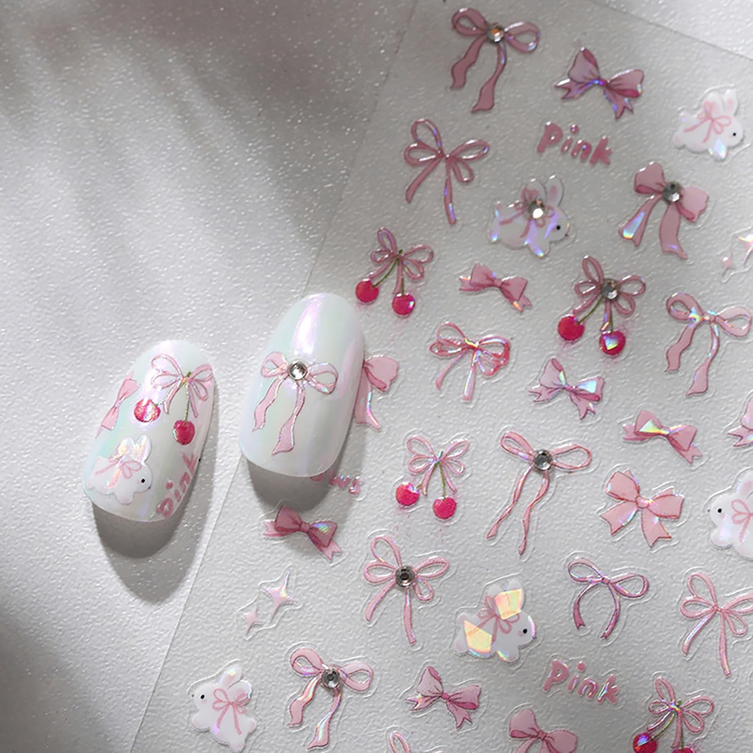 1Pcs Bow Nail Stickers for Nail Art 5D Pink Bow Nail Decals Embossed Cute Rab…