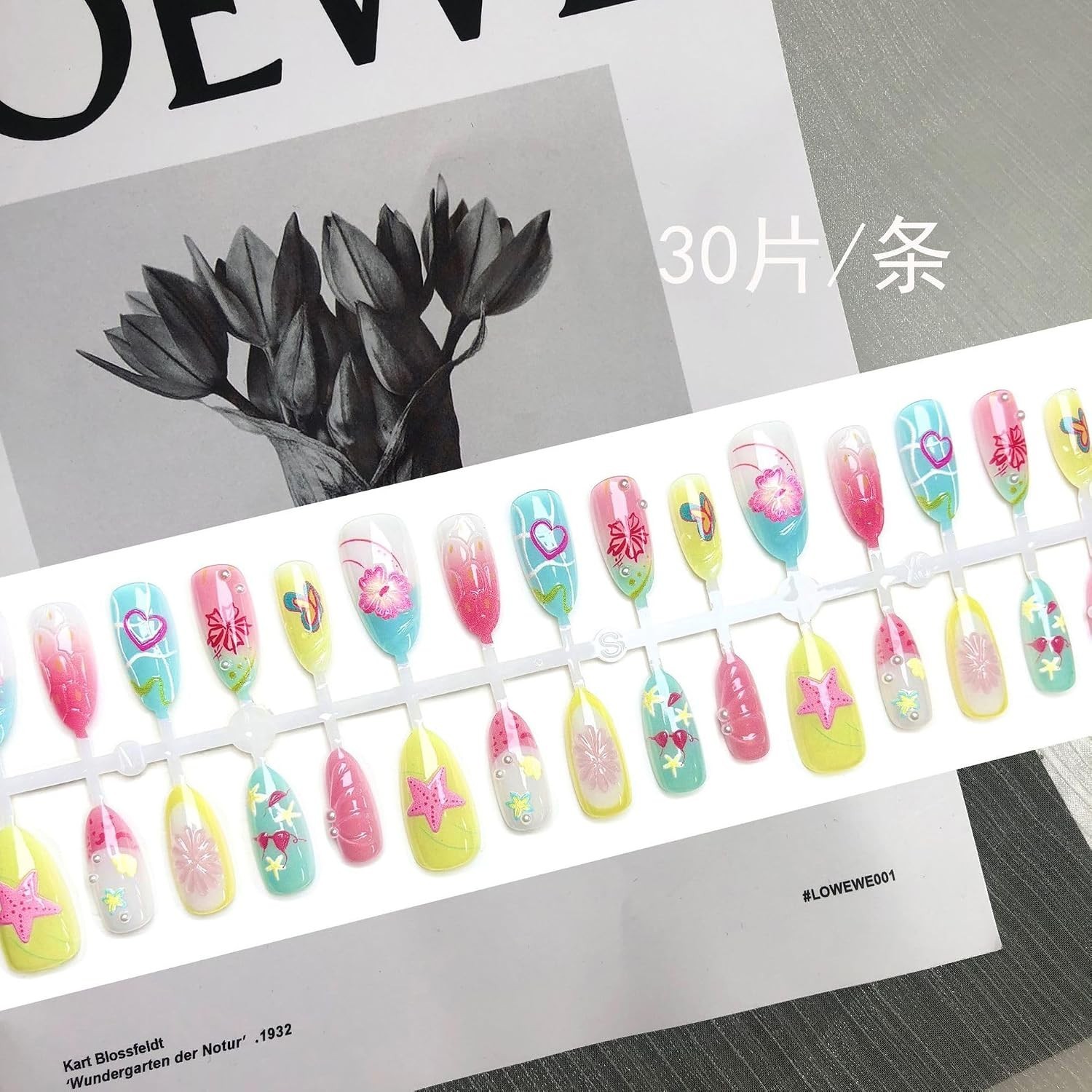 Colorful Press on Nails Summer Beach Painted Fake Nails with 3D Pearl Flower …