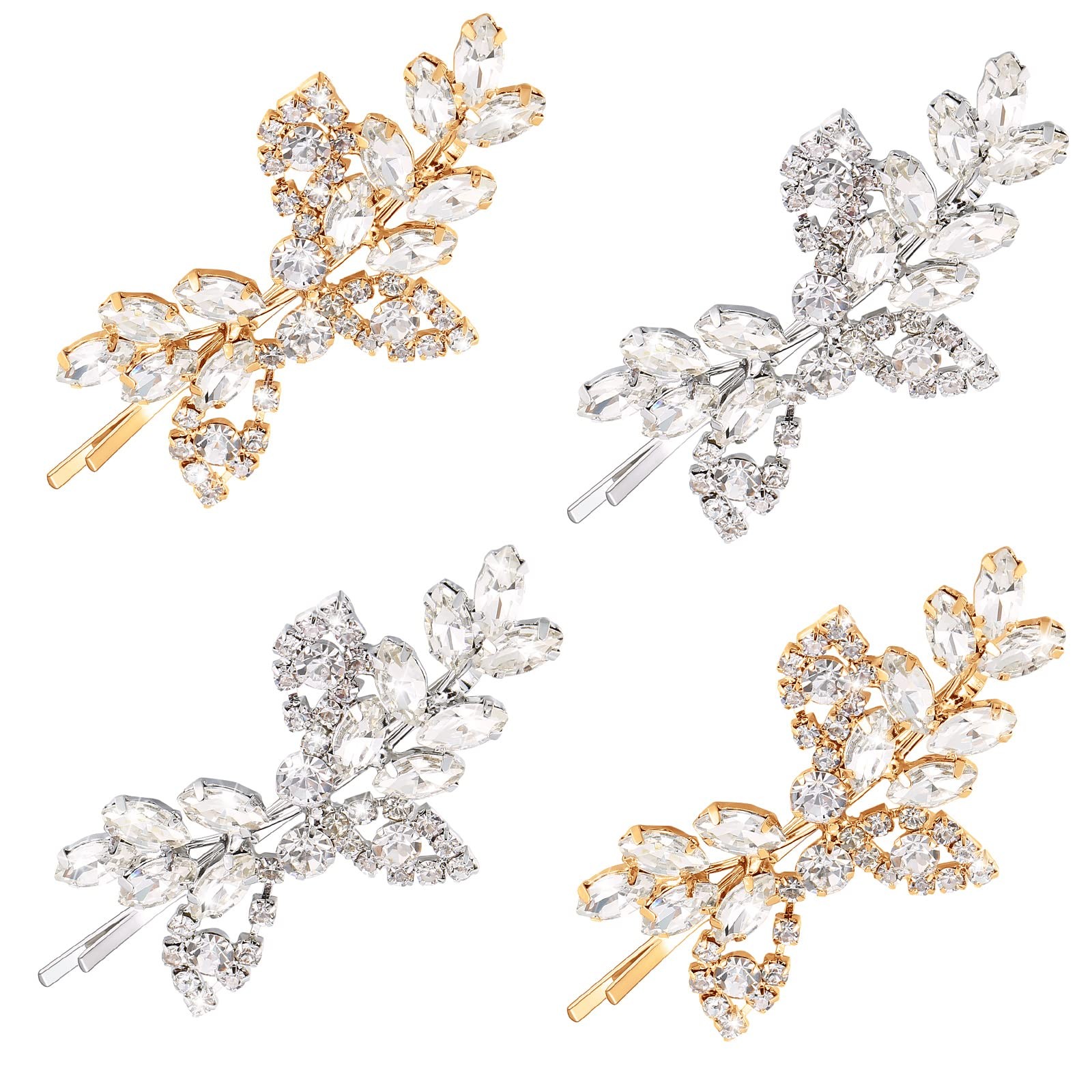 Waydress 4 Pcs Rhinestone Bridal Hair Clip 4 Count (Pack of 1), Silver Gold