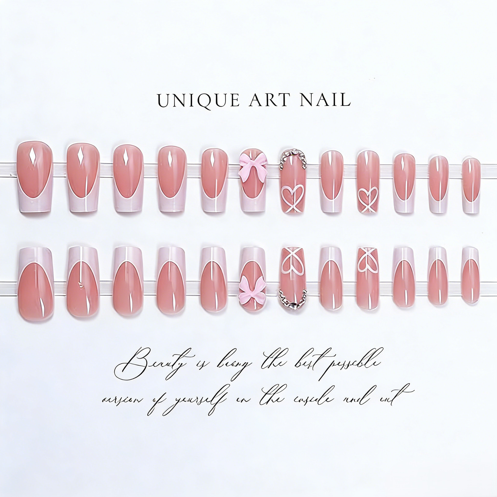 Square Pink White French Tip| Bow Heart Rhinestone Cute False Nails