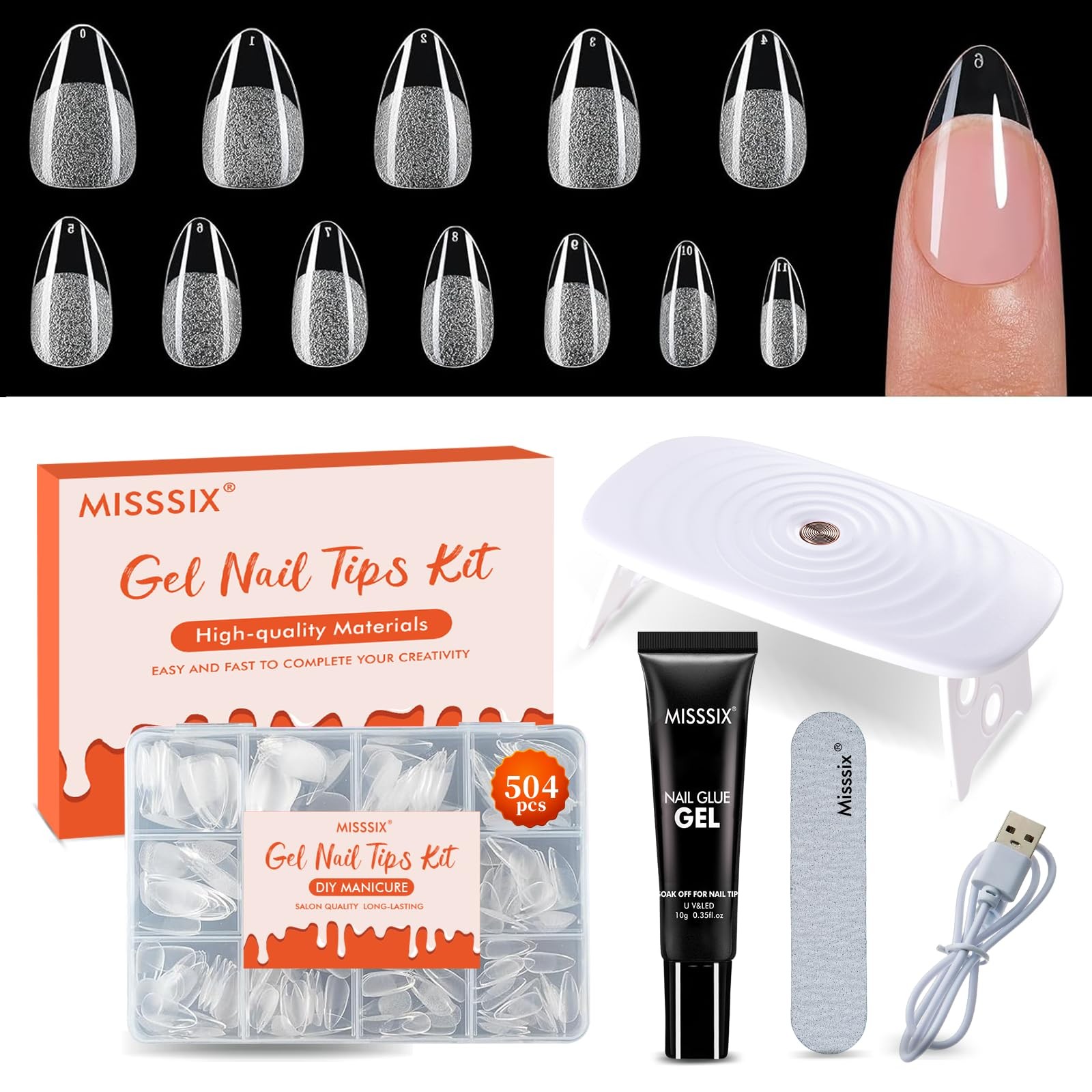 Short Almond Nail Tips Kit 504pc Clear Full-Cover 9in1 Gel Glue Portable UV Lamp