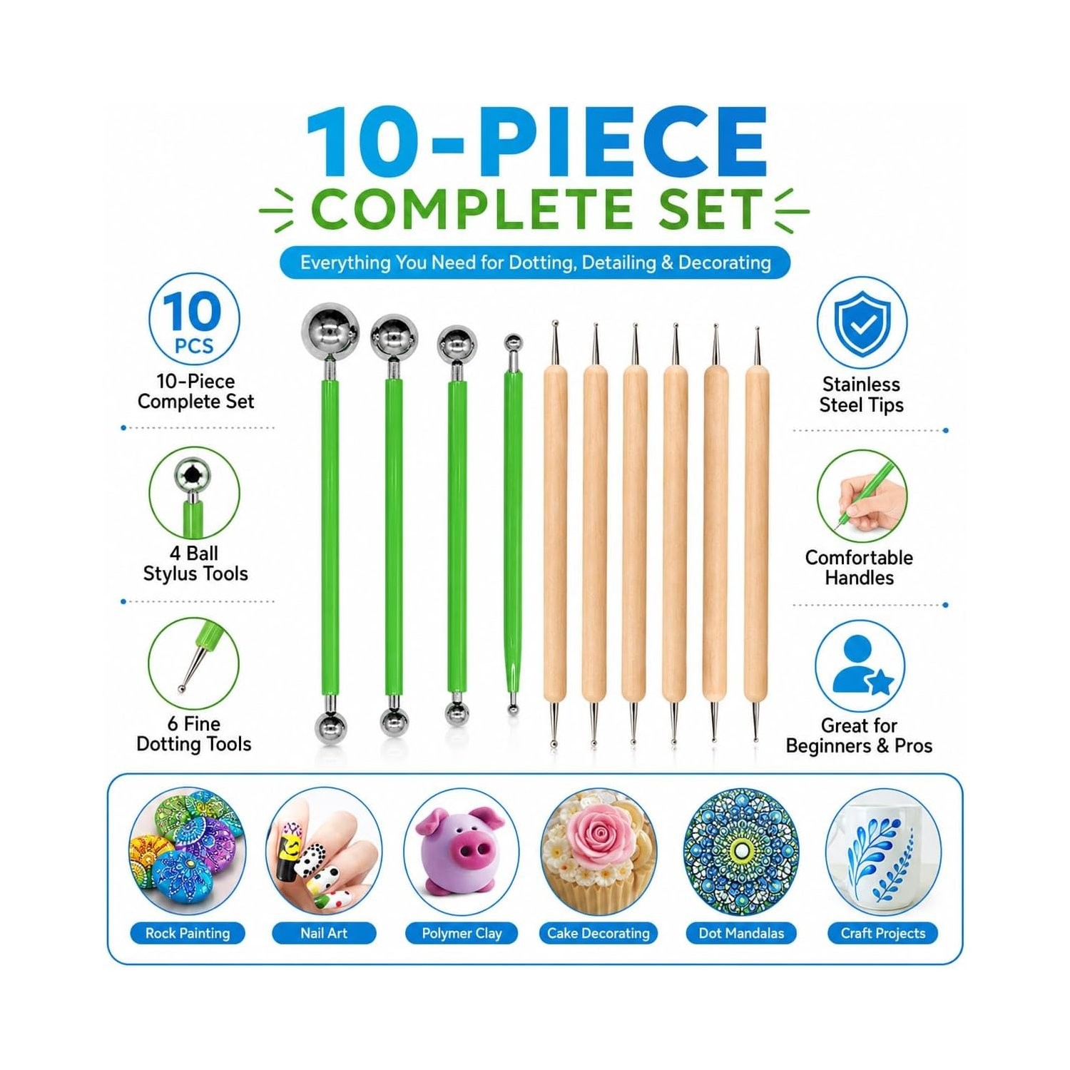 Dotting Tools for Rock Painting and Pottery Clay Modeling – 10 Pcs Set