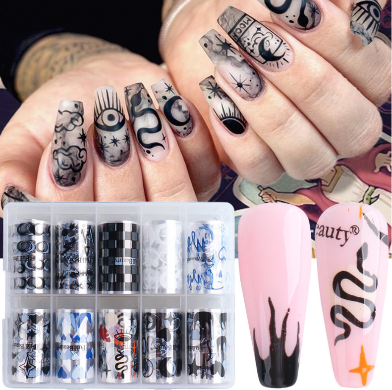 10Rolls Foil Stickers Black Moon Snake Evil Eye Nail Art Transfer Wrap Decor
