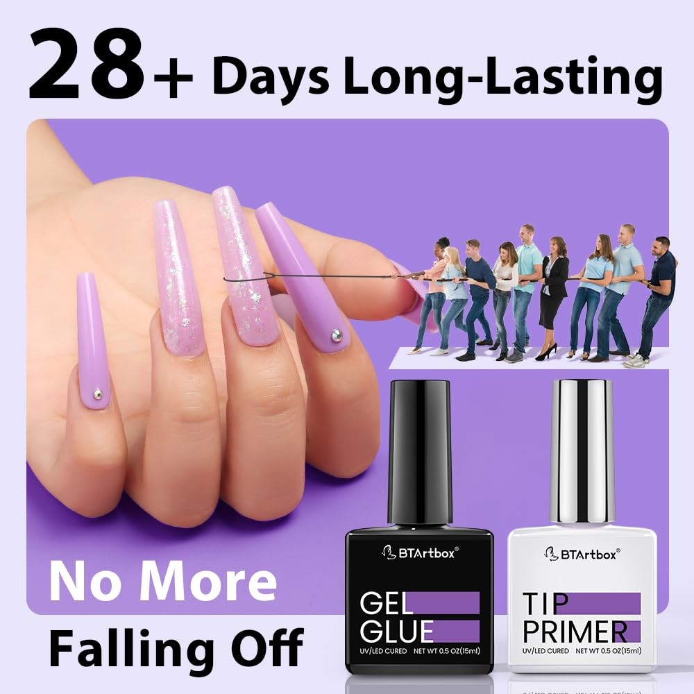 Nail Glue & Primer Set – 2×0.5 Fl Oz Acrylic Gel, Long Lasting UV for Press O…