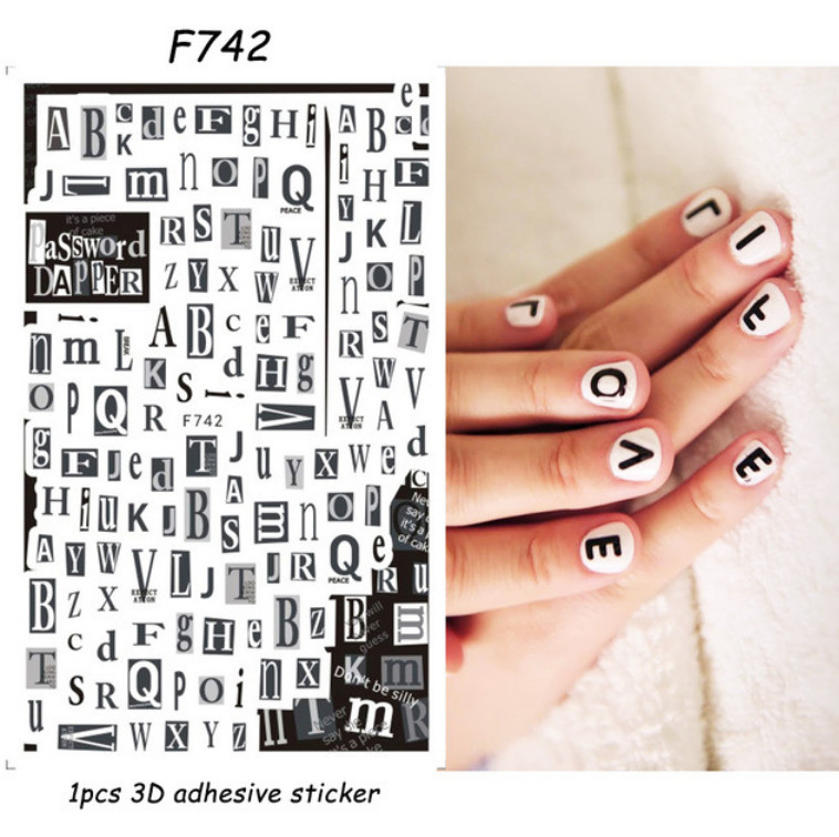 3D Adhesive Nail Stickers Decals Letters Geometric Abstract Leaves Flowers NS3