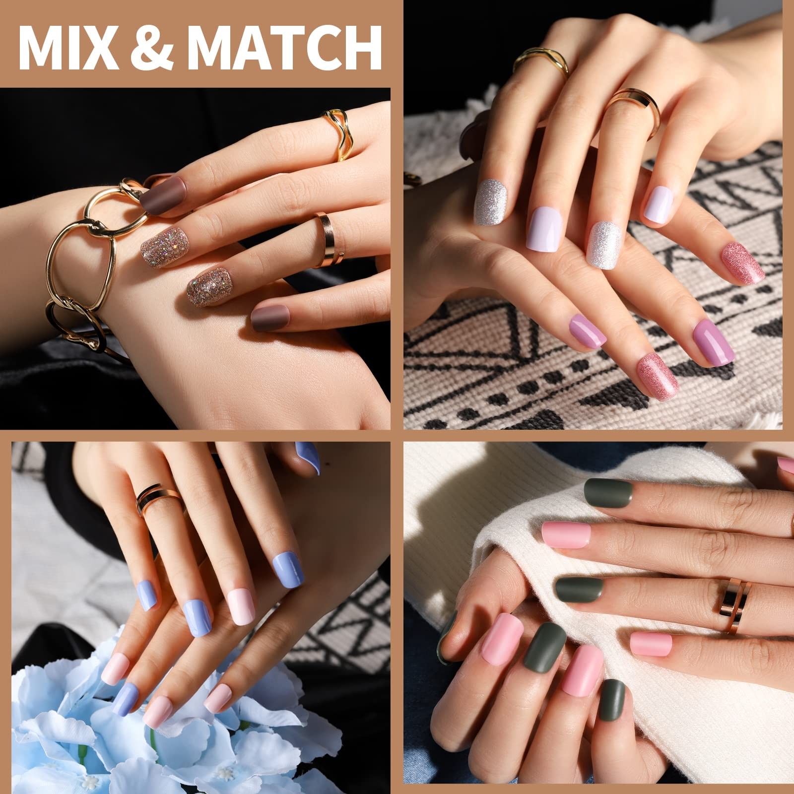 576Pcs Short Square Press On Nails Kit with Matte, Glossy, Glitter, and Frenc…