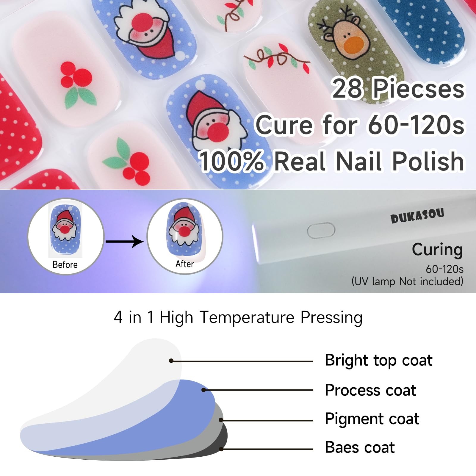 DUKASOU Christmas Semi Cured Gel Nail Strips Santa Claus 28 PCS UV Light