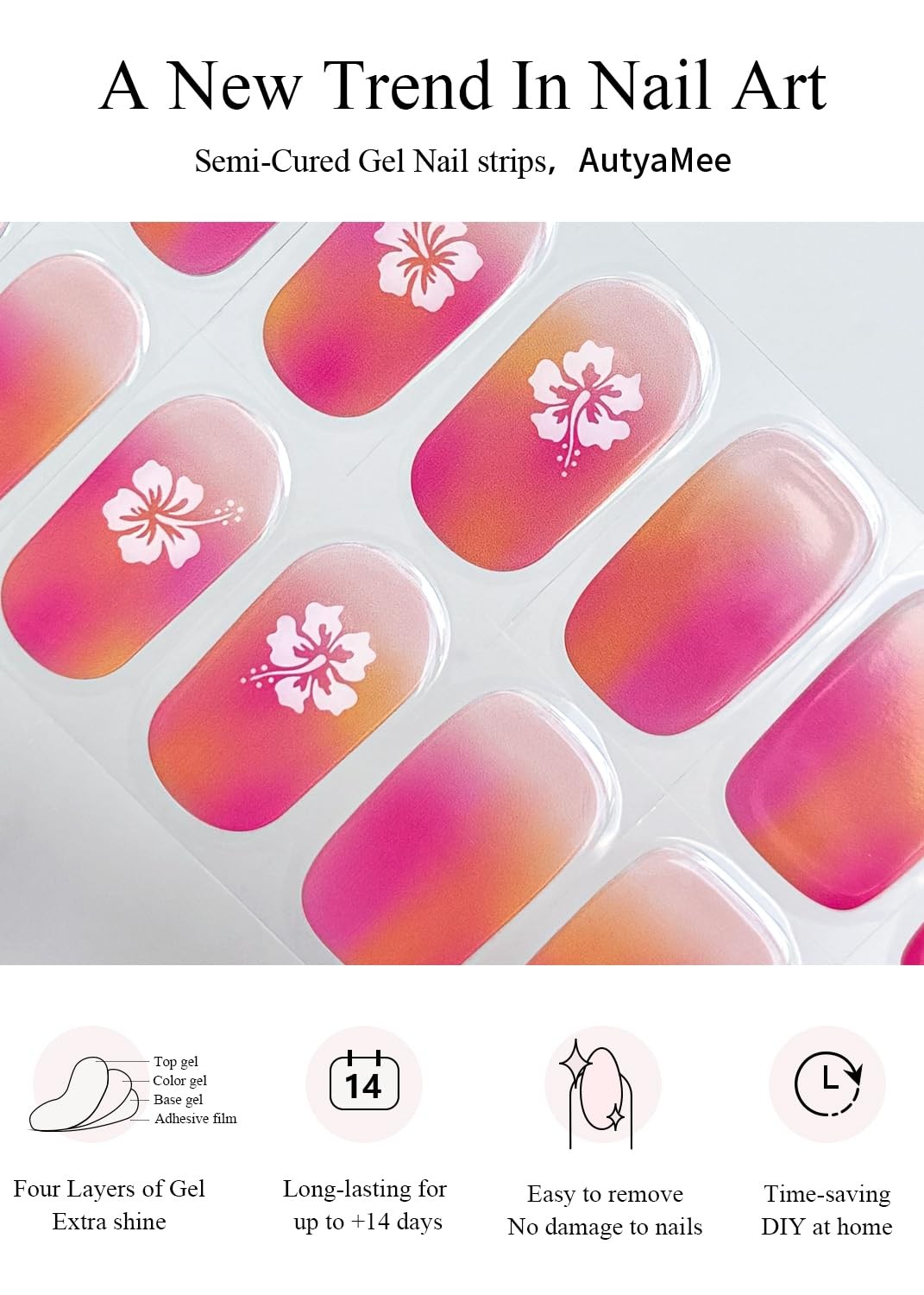 Semi Cured Nail Strips (Pink Orange Omber), 20 Pcs Summer Nail Wraps, Sticker…