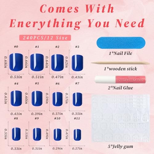 120Pcs Short Press on Nails – Glossy Square Glue on Nails – Royal Blue