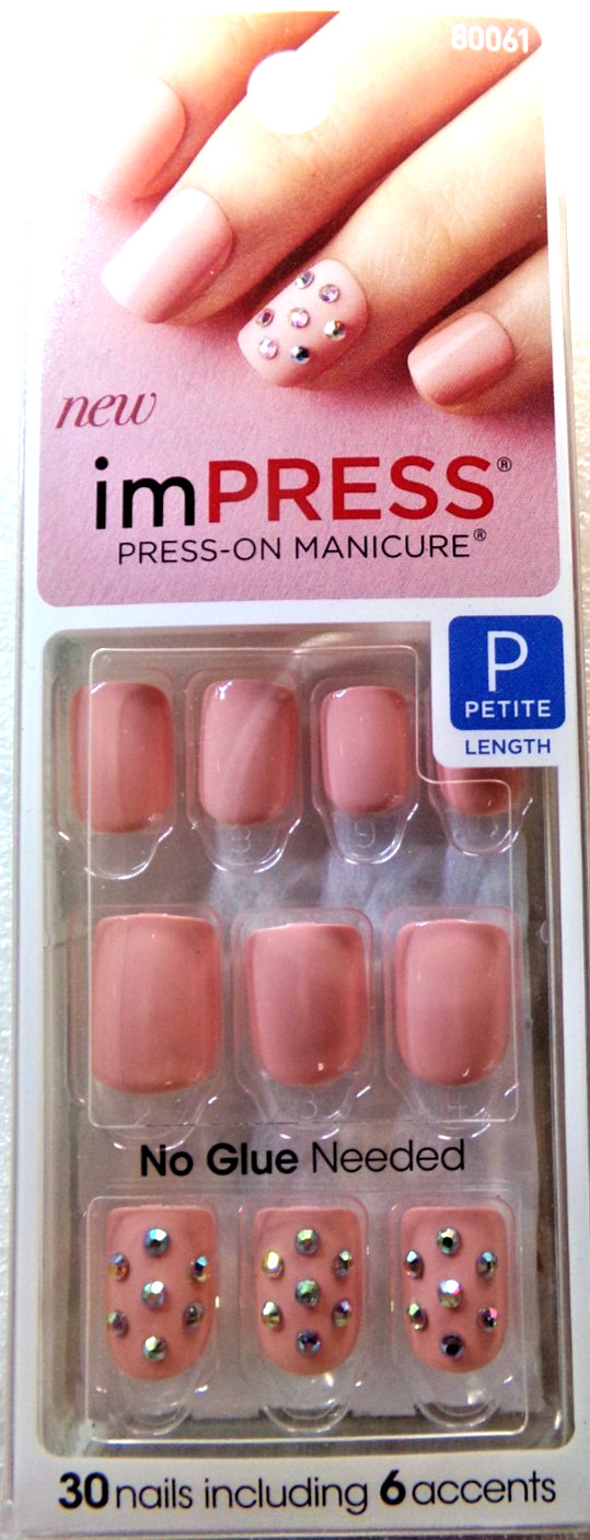 IMPRESS NAILS PRESS ON SHORT – Shiny Pink with Gems Petite Size