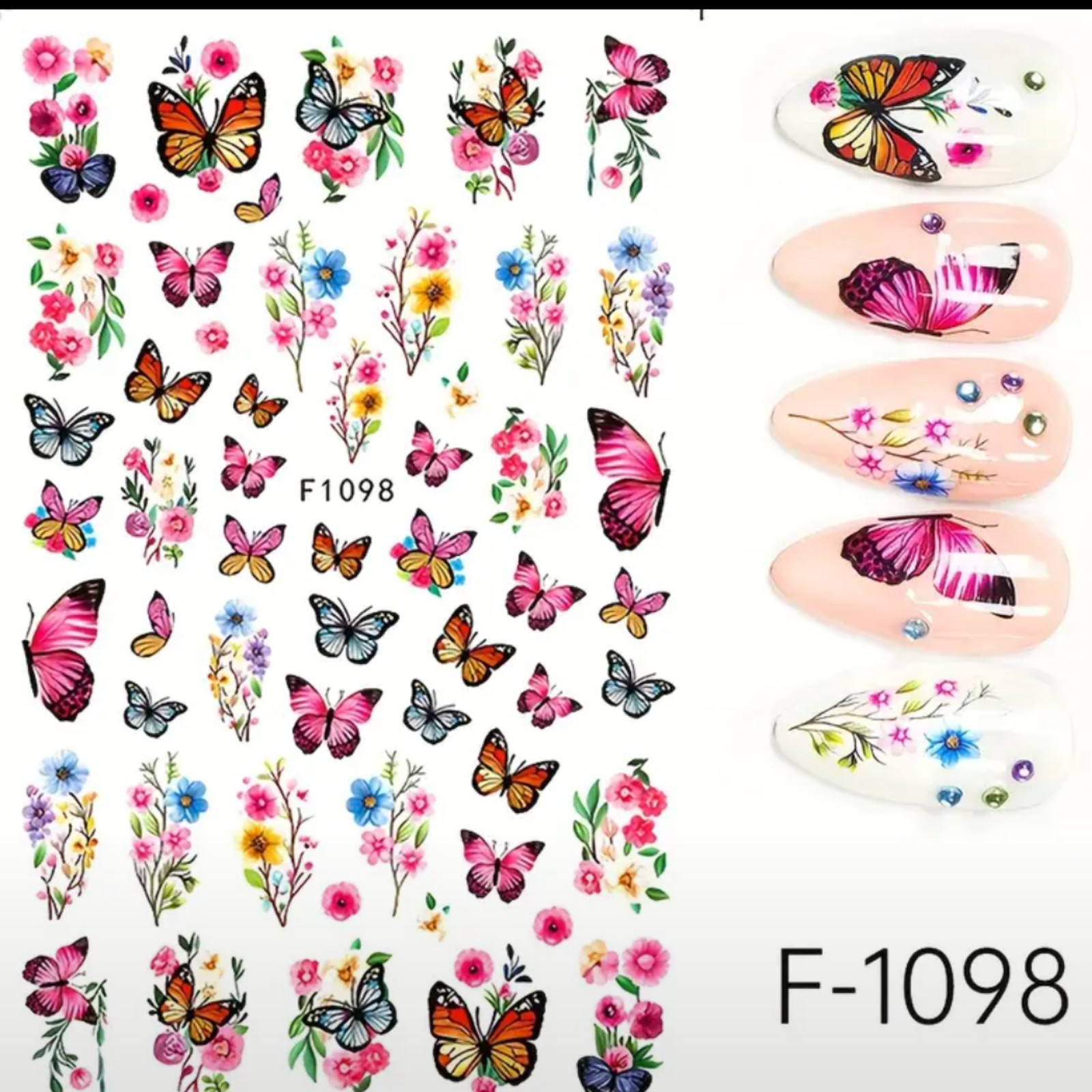 3D Spring & Summer Fresh Colorful Floral Butterfly Nail Art Stickers, Glossy Fin