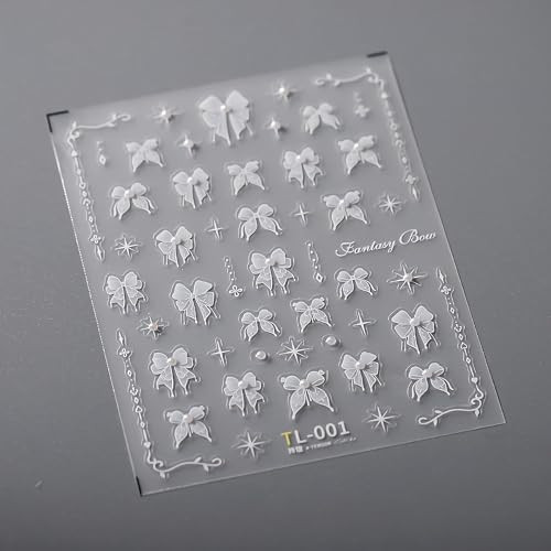 Lace Bow-Knot Nail Art Stickers 5D Embossed White Lace Pearl Bow Nail Stickers