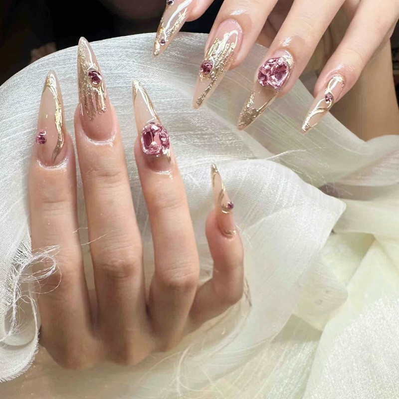 60p Stiletto Press on Nails, Nude Gold Foil Ruby Rhinestone Luxury Wedding Nails