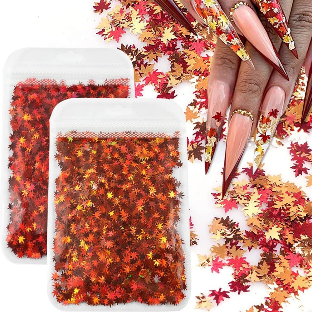 Maple Leaf Shape Glitter Fall Nail Art Sequins,3D Metallic Red God Orange Yel…