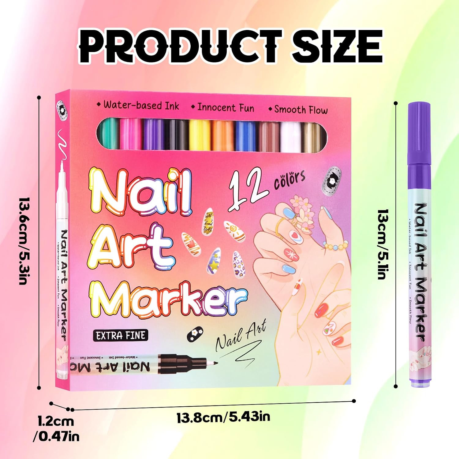 12 Color 3D Nail Art Pens Set, 0.5MM Fine Tip Nail Polish Pens Acrylic Paint Pen