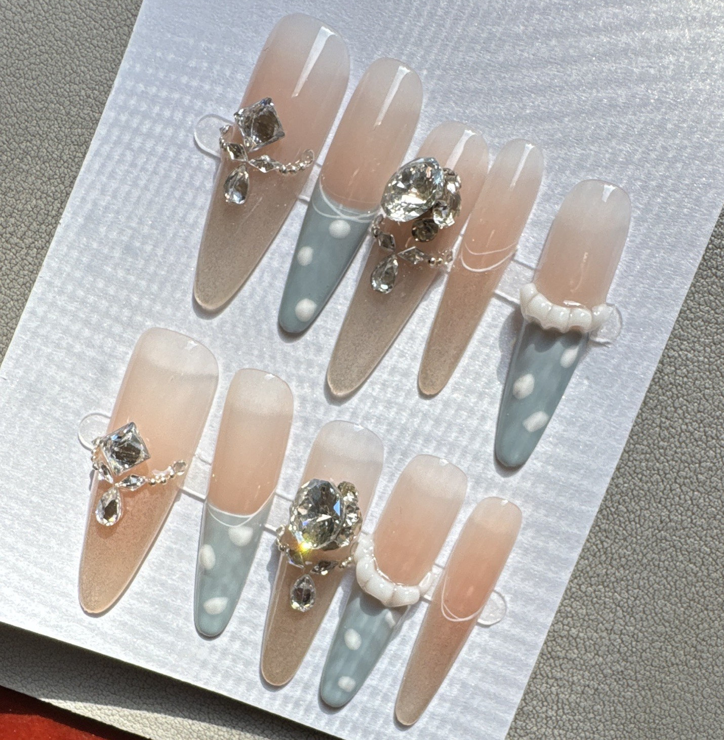 Press-On Nails Long Coffin Beige/Gray/White 3D Rhinestone Full Cover Set