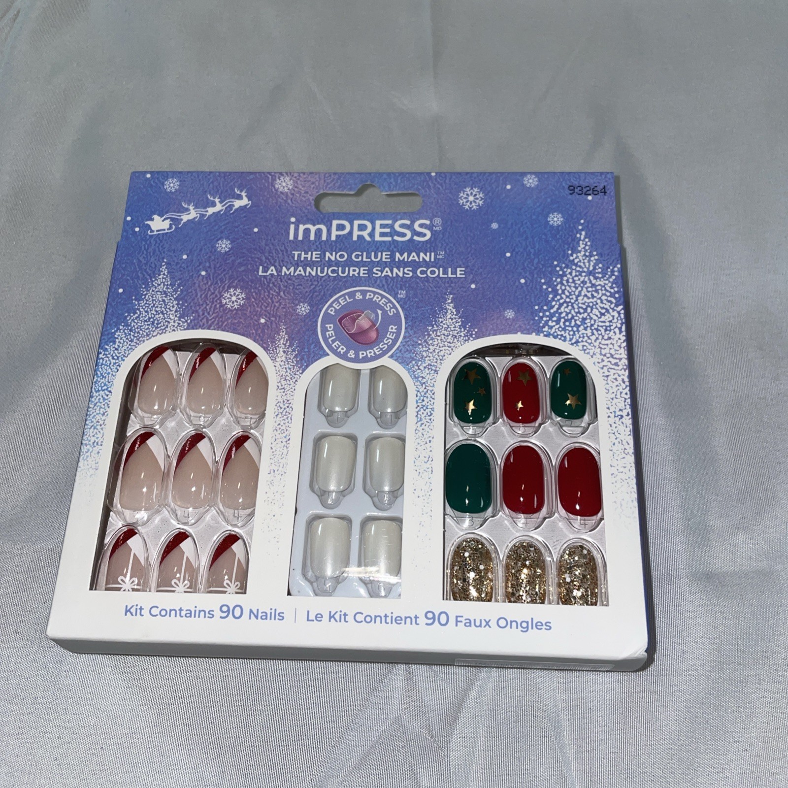 imPRESS Press-On Manicure Holiday Kit 90 Nails Red Green Gold Glitter 93264 NEW