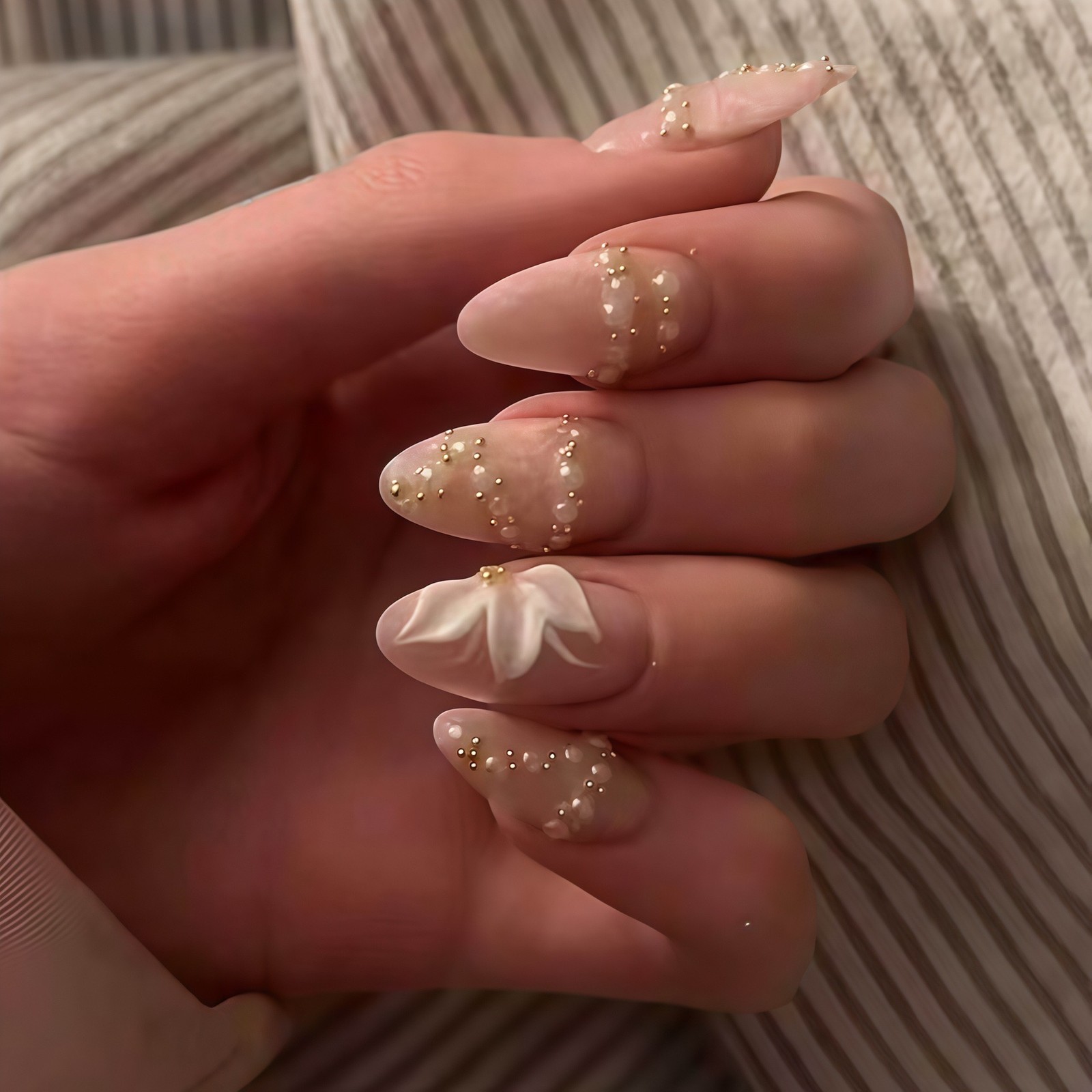 48Pcs-Long Almond Nude White Flower Pearl Gold Bead Press On Nails Set