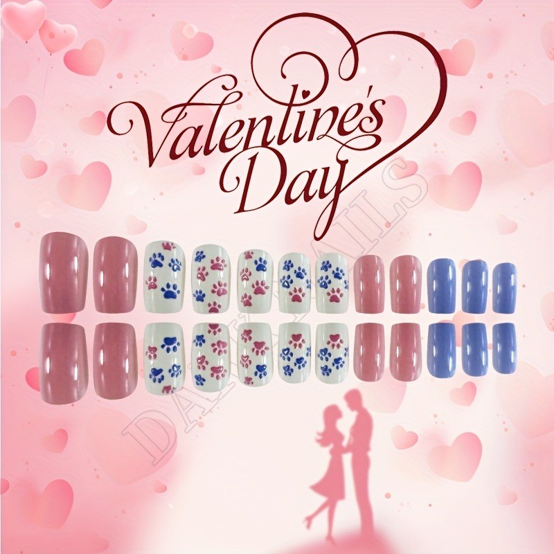 48 Pieces of Nail Gloss Finish, Cute Cat Paw Fake Nail Art in Pink and Purple
