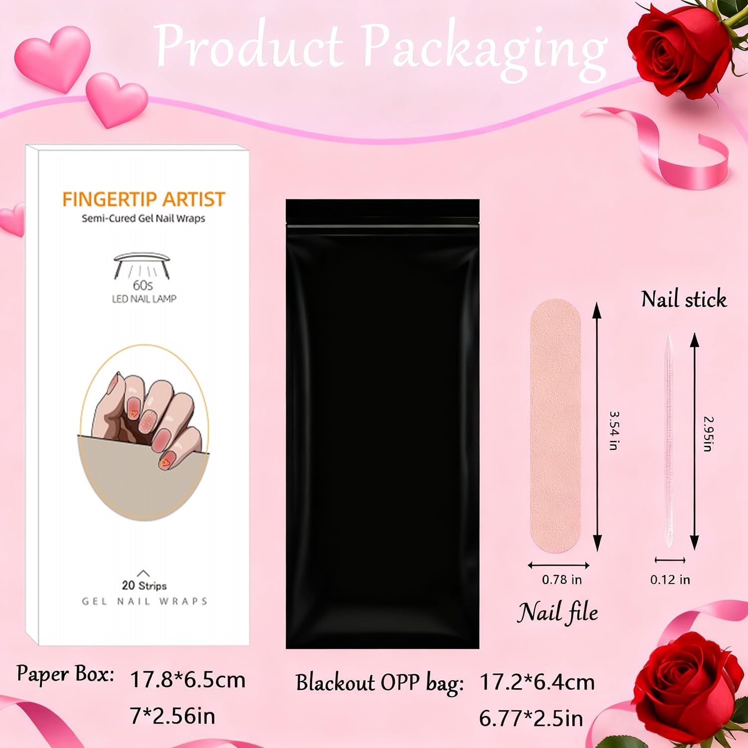 Heart Semi Cured Gel Nail Strips Valentines Gel Nail Stickers Full Nails Wrap…