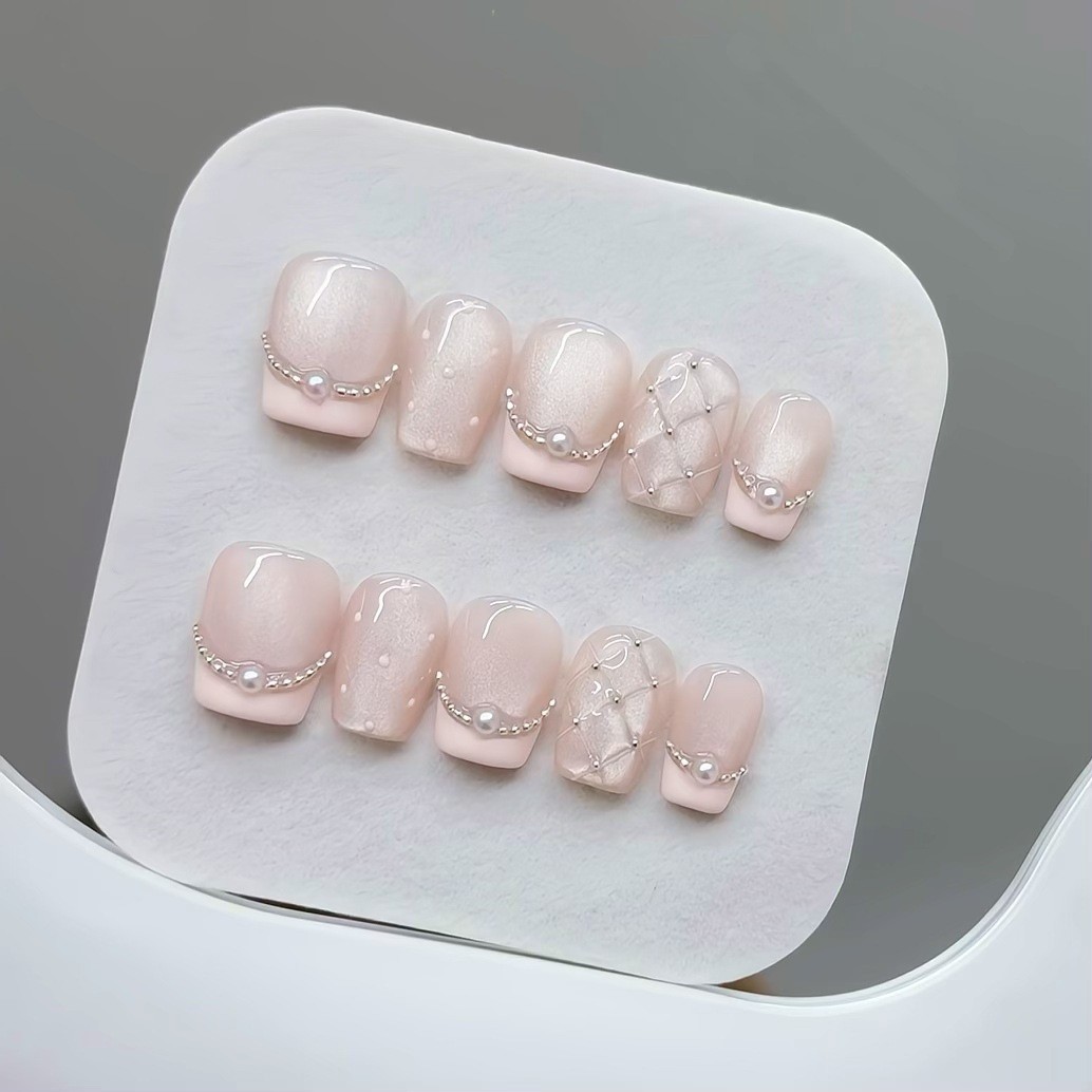 10pcs Handmade Press on Nails Plaid Pearl French Cat’s Eye Aurora False Nails