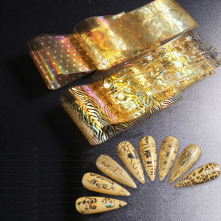 16pcs Golden Panda Leopard Moon Star Line Transfer Nail Foil Stickers Decal 15JS