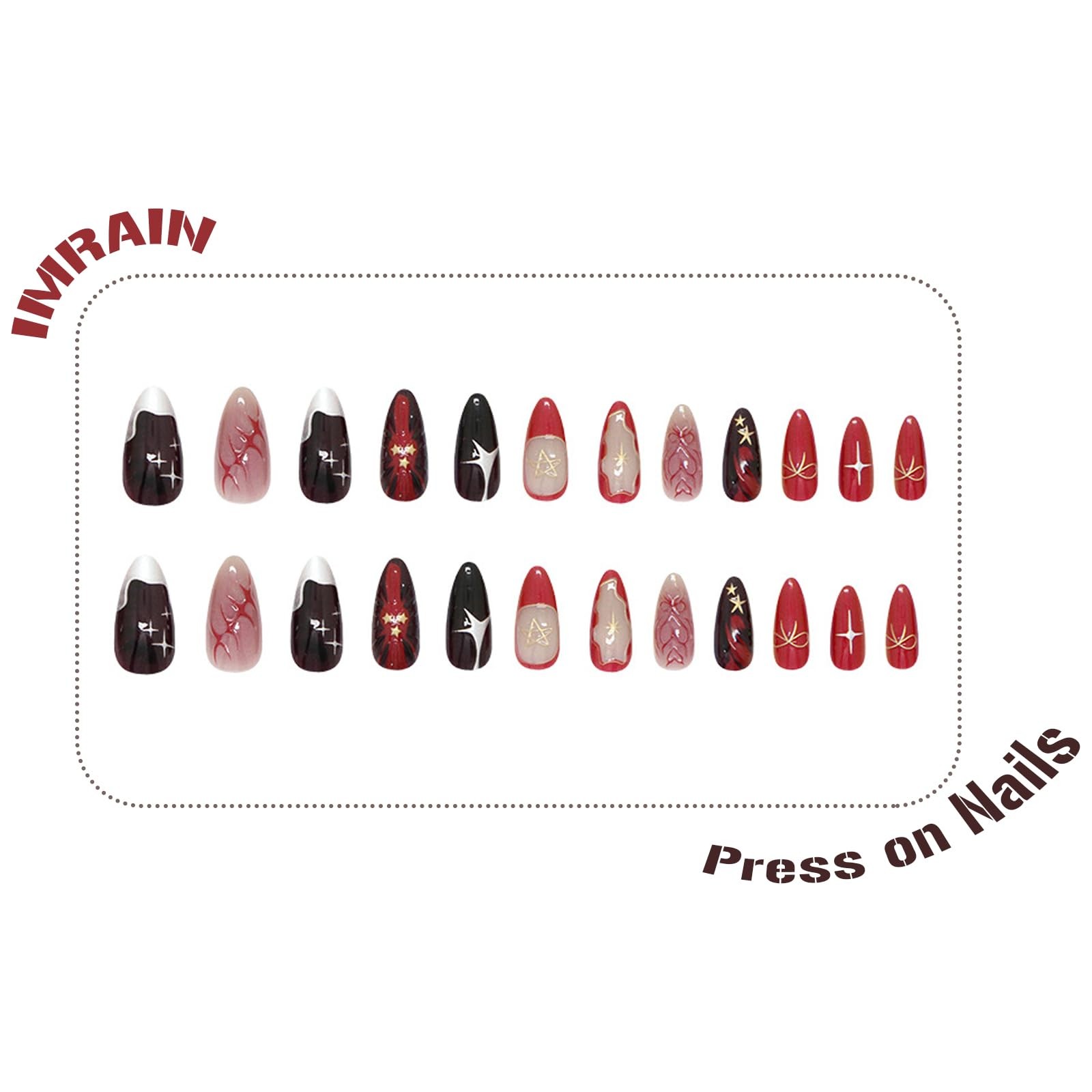 IMRAIN Dark Red Black Press on 0.04 Fl Oz (Pack of 24), AP2-18Red Golden