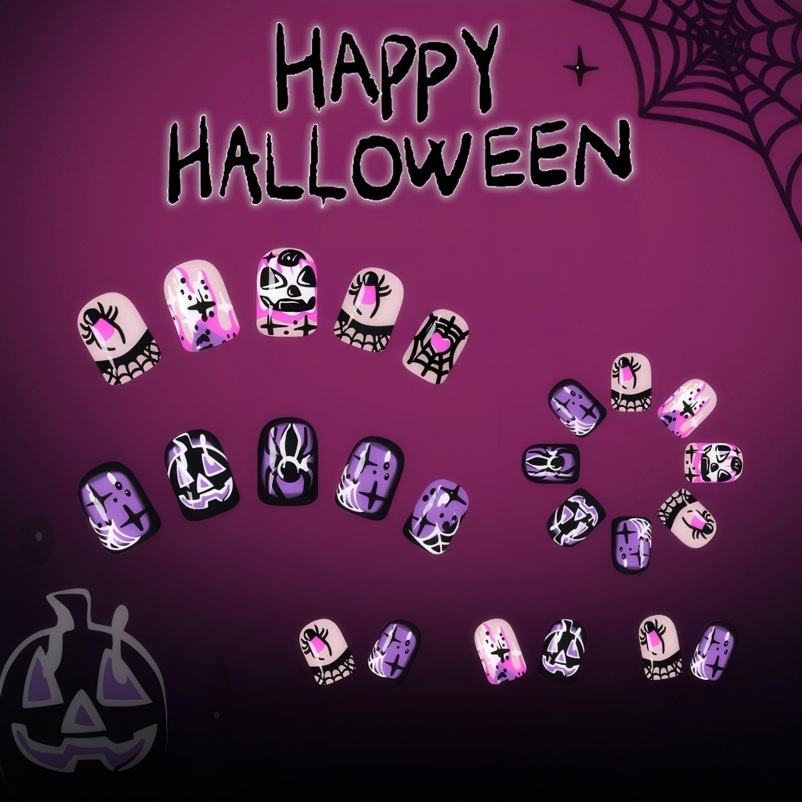 Short Square Press on Nails Halloween Fake Nails Spider French Tip Design Fal…